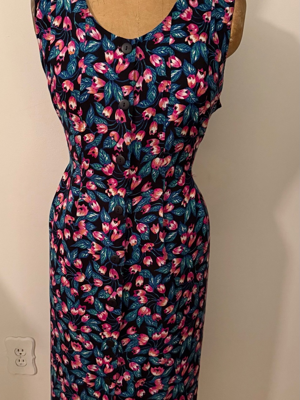 Vintage 80’s Sleeveless Navy Floral Dress with Pink Accents 2x - Picture 9 of 9
